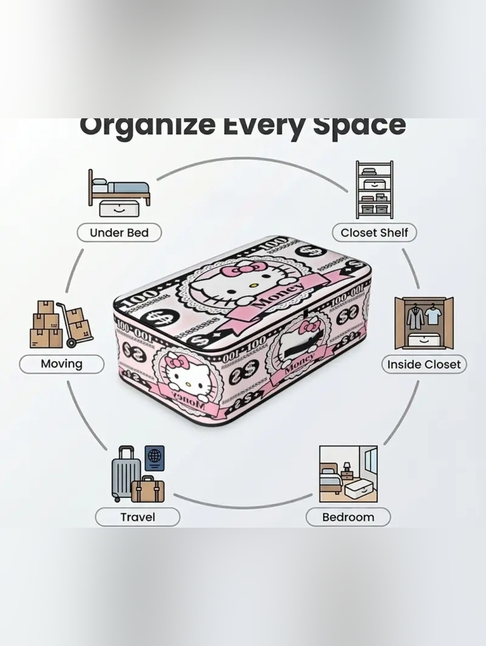 Hello Kitty Pink and Black Money-Print Storage Box